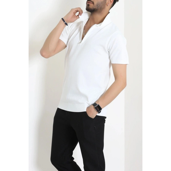 Fermuarlı Polo Yaka Tişört Beyaz - 71596.2167.