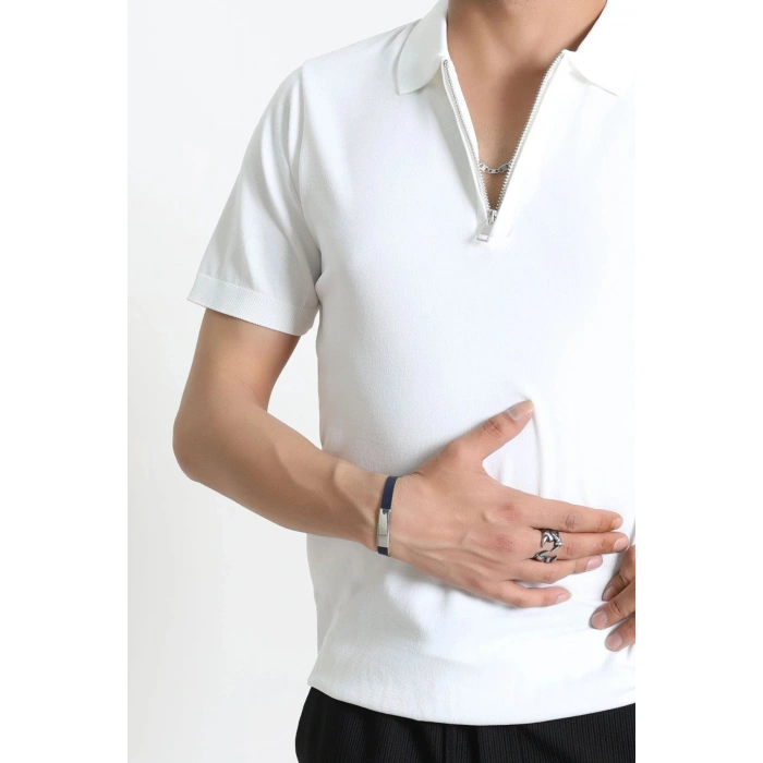 Fermuarlı Polo Yaka Tişört Beyaz - 71596.2167.