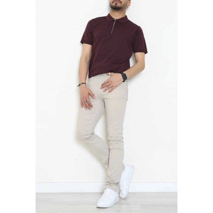 Fermuarlı Polo Yaka Tişört Mürdüm - 71596.2167.
