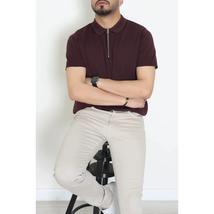 Fermuarlı Polo Yaka Tişört Mürdüm - 71596.2167.