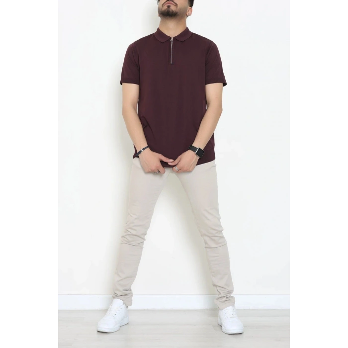 Fermuarlı Polo Yaka Tişört Mürdüm - 71596.2167.