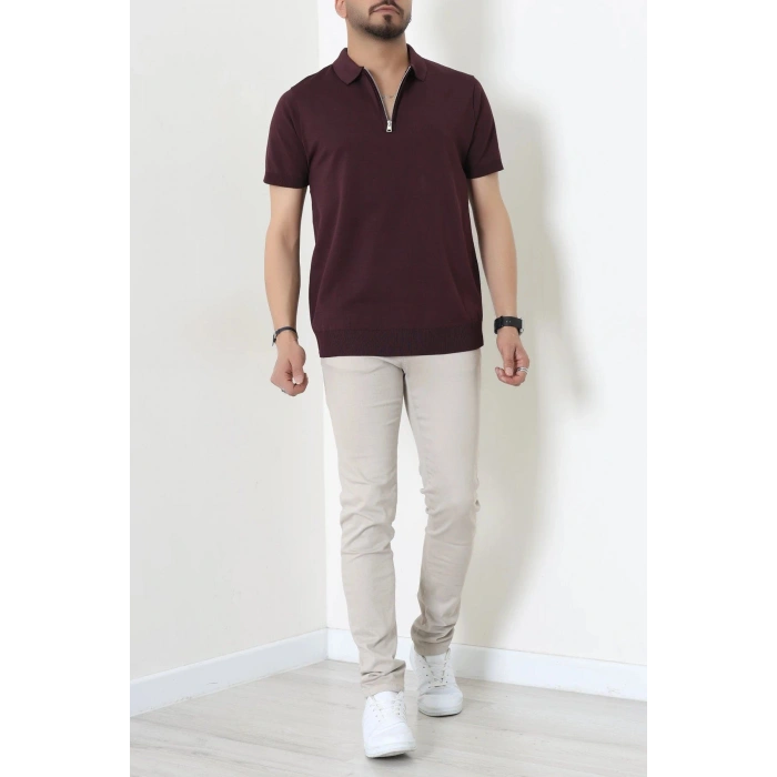 Fermuarlı Polo Yaka Tişört Mürdüm - 71596.2167.