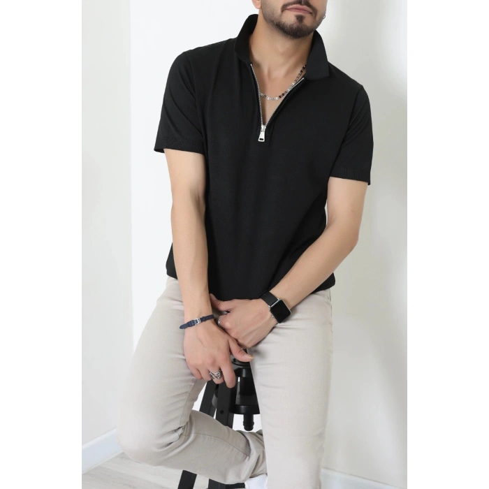 Fermuarlı Polo Yaka Tişört Siyah - 71596.2167.
