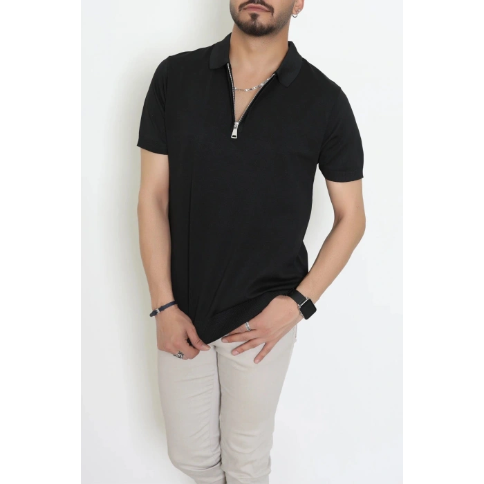 Fermuarlı Polo Yaka Tişört Siyah - 71596.2167.