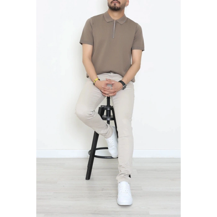 Fermuarlı Polo Yaka Tişört Vizon - 71596.2167.