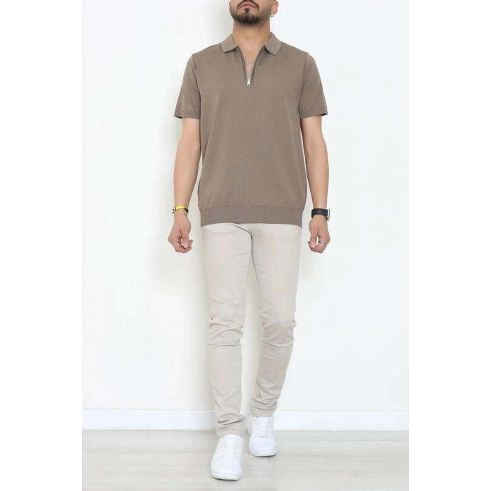 Fermuarlı Polo Yaka Tişört Vizon - 71596.2167.