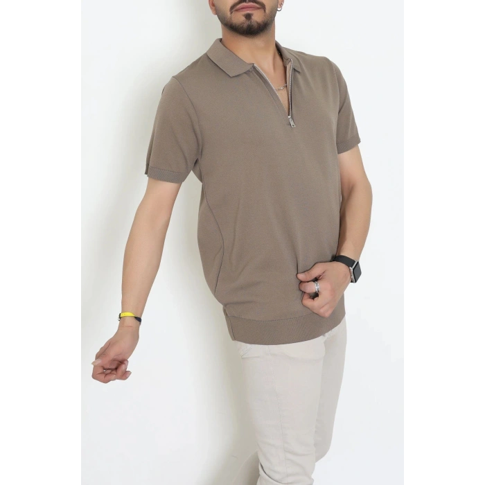 Fermuarlı Polo Yaka Tişört Vizon - 71596.2167.