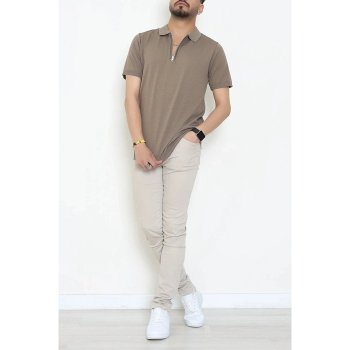 Fermuarlı Polo Yaka Tişört Vizon - 71596.2167.