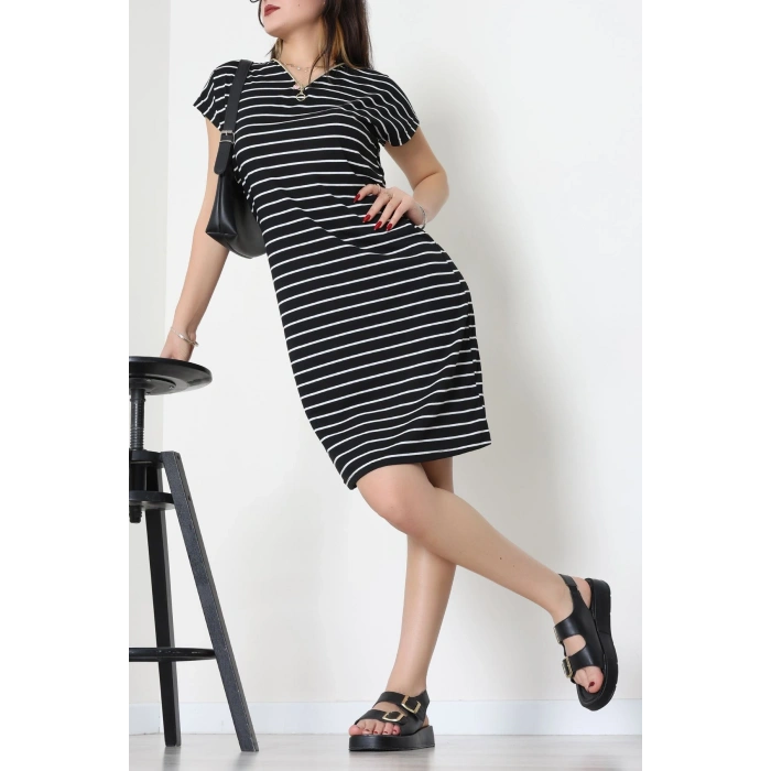 Fermuarlı Süprem Penye Elbise Siyahbeyaz - 70825.1567.