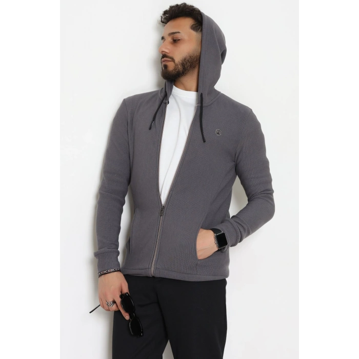 Fermuarlı Yan Kup Kapşonlu Erkek Sweat Füme - 25972.2125.