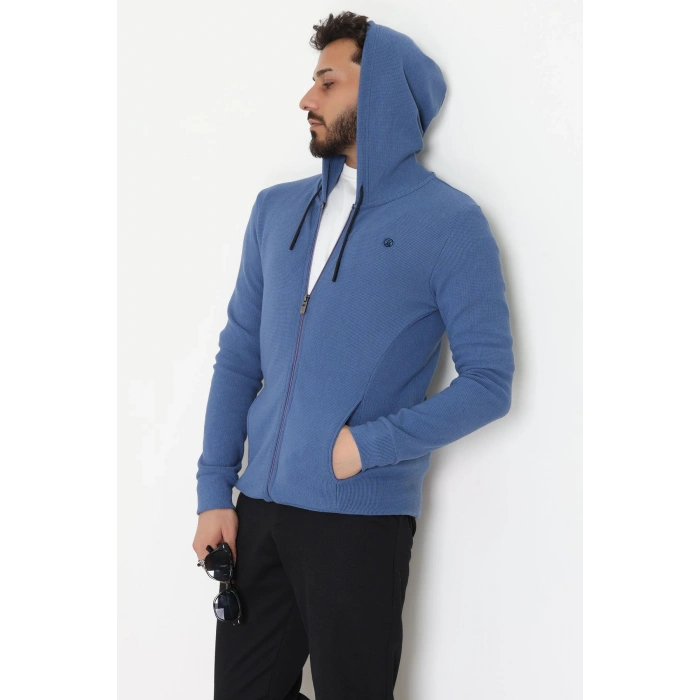 Fermuarlı Yan Kup Kapşonlu Erkek Sweat İndigo - 25972.2125.