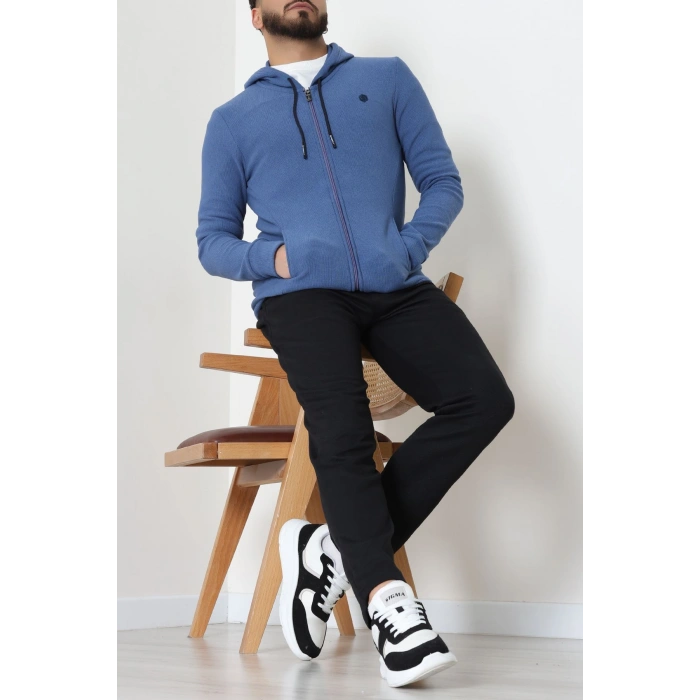 Fermuarlı Yan Kup Kapşonlu Erkek Sweat İndigo - 25972.2125.