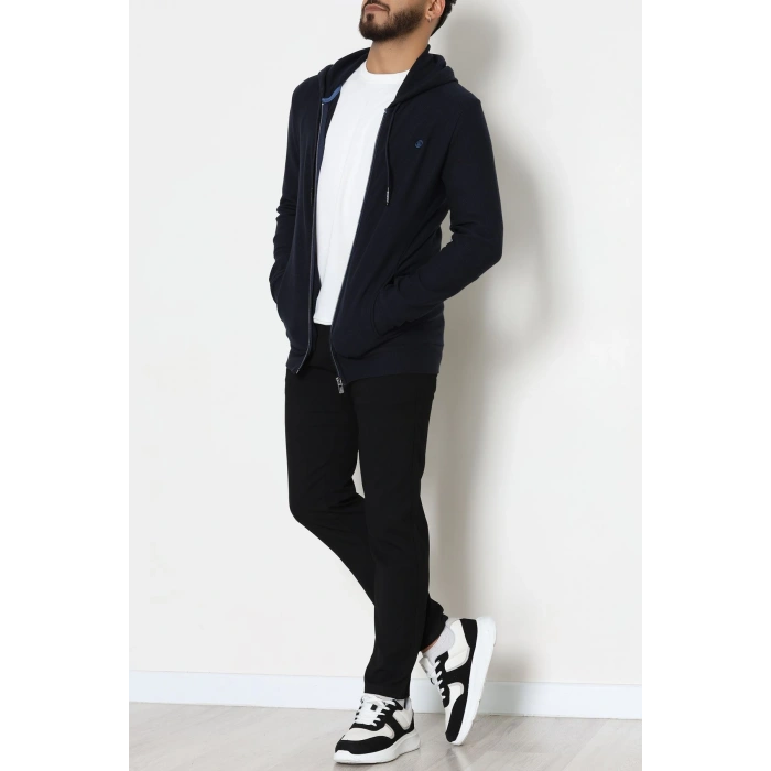 Fermuarlı Yan Kup Kapşonlu Erkek Sweat Lacivert - 25972.2125.