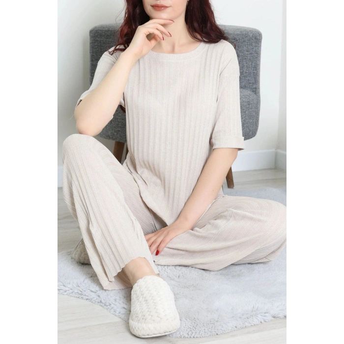 Fitilli Kumaş Pijama Takımı Bej - 52302.1567.