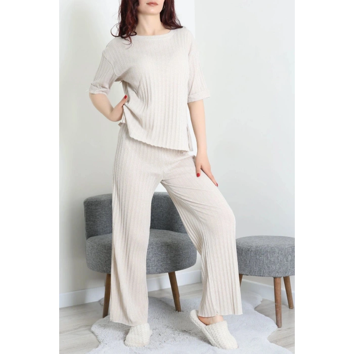 Fitilli Kumaş Pijama Takımı Bej - 52302.1567.