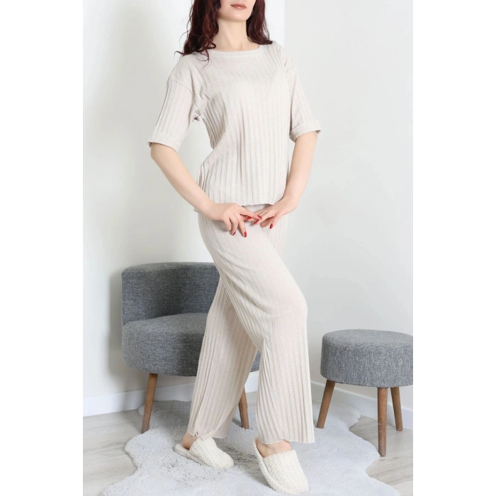 Fitilli Kumaş Pijama Takımı Bej - 52302.1567.