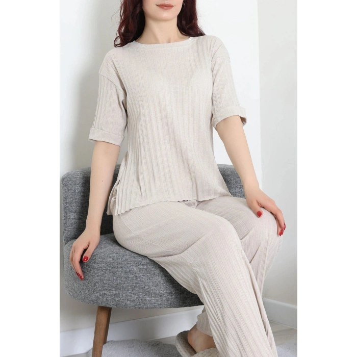 Fitilli Kumaş Pijama Takımı Bej - 52302.1567.