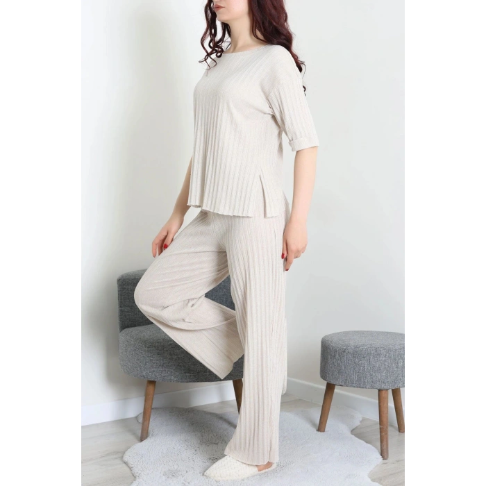 Fitilli Kumaş Pijama Takımı Bej - 52302.1567.