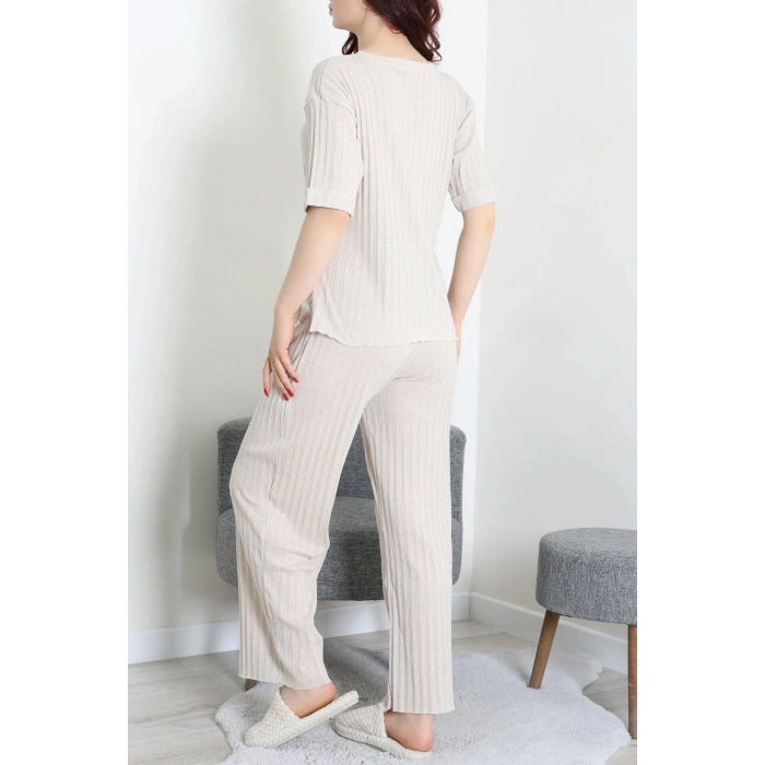 Fitilli Kumaş Pijama Takımı Bej - 52302.1567.