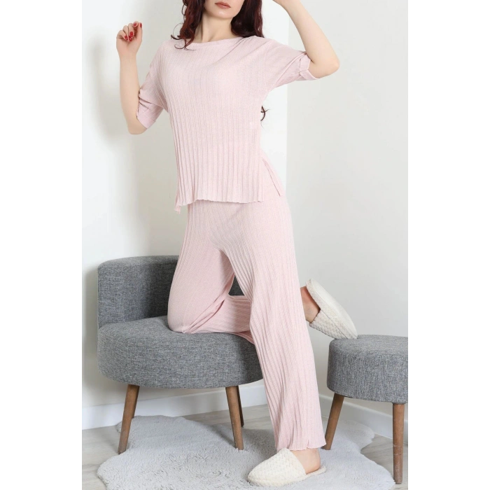 Fitilli Kumaş Pijama Takımı Pudra - 52302.1567.