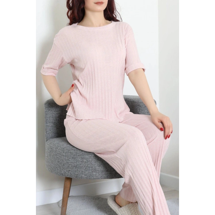 Fitilli Kumaş Pijama Takımı Pudra - 52302.1567.