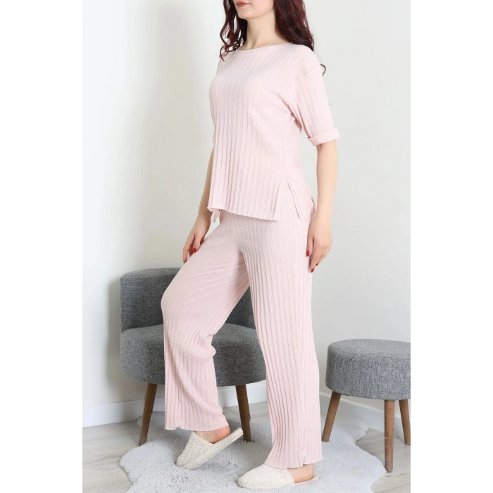 Fitilli Kumaş Pijama Takımı Pudra - 52302.1567.