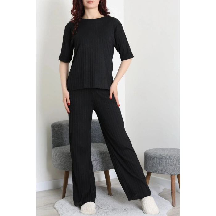 Fitilli Kumaş Pijama Takımı Siyah - 52302.1567.