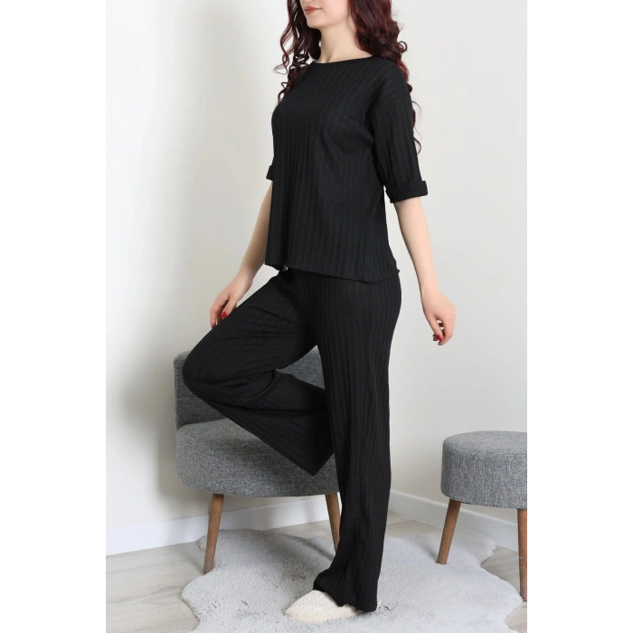 Fitilli Kumaş Pijama Takımı Siyah - 52302.1567.