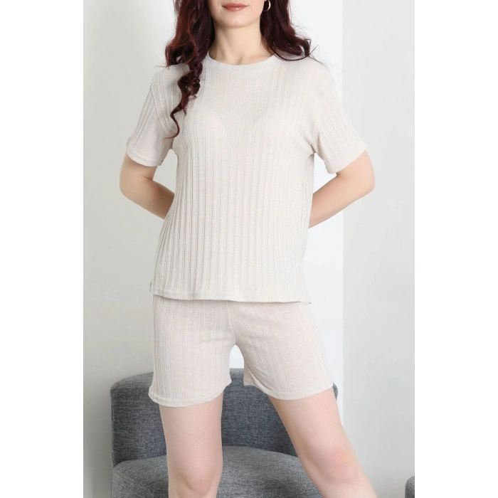 Fitilli Kumaş Şortlu Pijama Takımı Bej - 52301.1567.