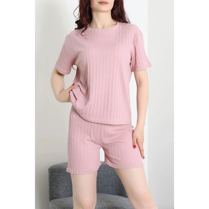 Fitilli Kumaş Şortlu Pijama Takımı Pudra - 52301.1567.
