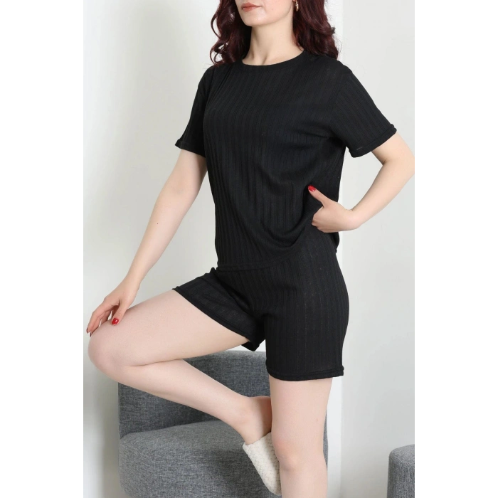 Fitilli Kumaş Şortlu Pijama Takımı Siyah - 52301.1567.