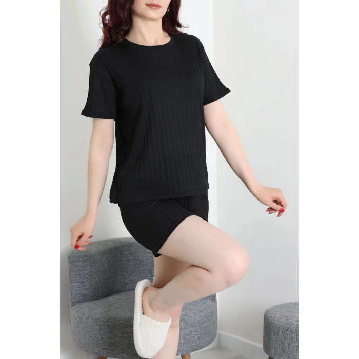 Fitilli Kumaş Şortlu Pijama Takımı Siyah - 52301.1567.