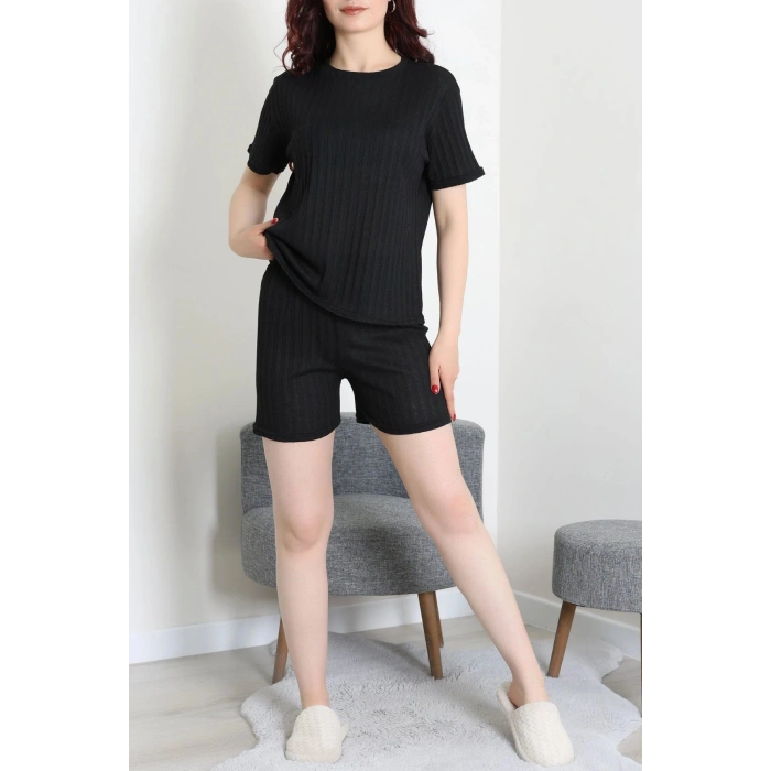 Fitilli Kumaş Şortlu Pijama Takımı Siyah - 52301.1567.