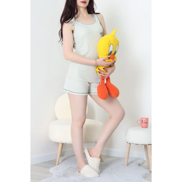 Fitilli Kumaş Şortlu Pijama Takımı Suyeşili - 31861.2123.