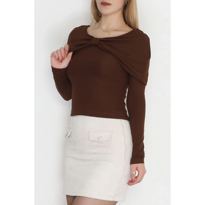 Fitilli Modal Kumaş Fiyonk Detay Bluz Kahve - 70871.1918.