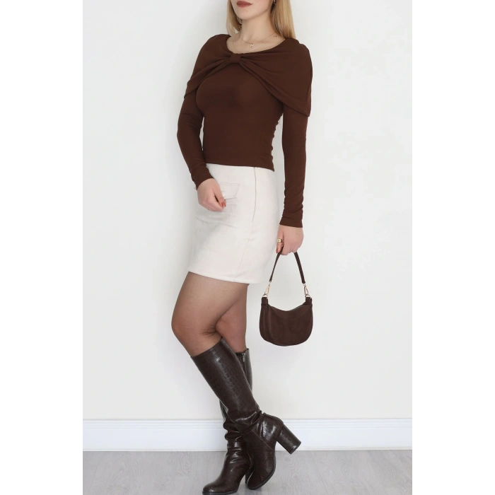 Fitilli Modal Kumaş Fiyonk Detay Bluz Kahve - 70871.1918.