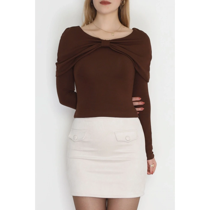 Fitilli Modal Kumaş Fiyonk Detay Bluz Kahve - 70871.1918.