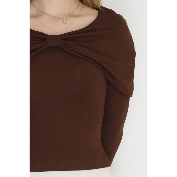 Fitilli Modal Kumaş Fiyonk Detay Bluz Kahve - 70871.1918.