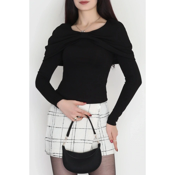 Fitilli Modal Kumaş Fiyonk Detay Bluz Siyah - 70871.1918.