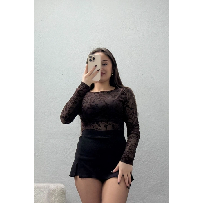 Flok Baskılı Tül Bluz Kahve - 70957.1567.