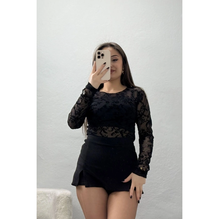 Flok Baskılı Tül Bluz Siyah - 70957.1567.