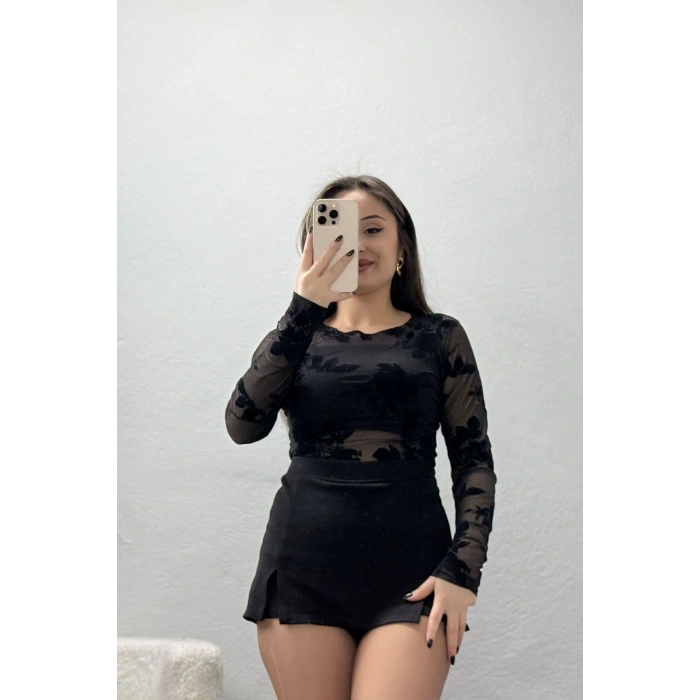 Flok Baskılı Tül Bluz Siyahçiçekli - 70957.1567.