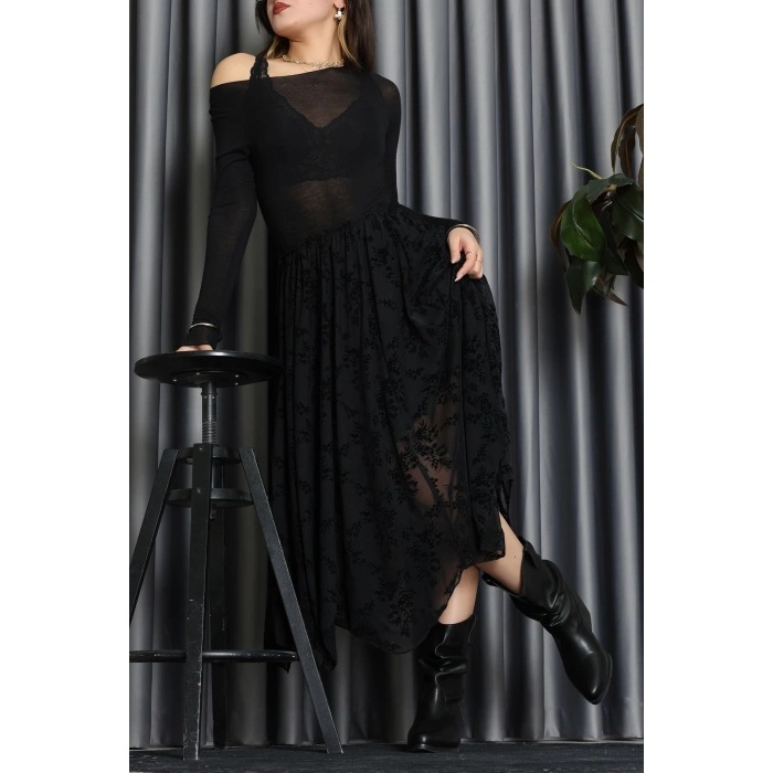 Flok Kabartma Baskılı Şifon Astarlı Etek Siyah - 70845.2078.