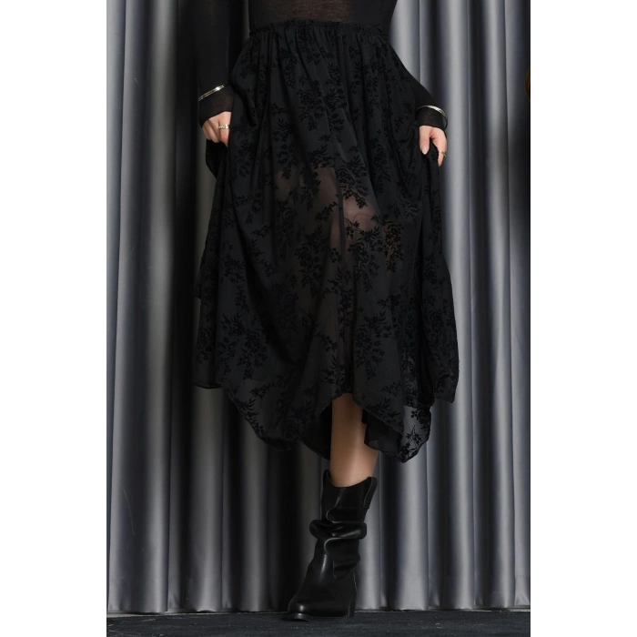 Flok Kabartma Baskılı Şifon Astarlı Etek Siyah - 70845.2078.