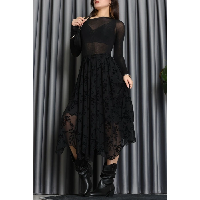 Flok Kabartma Baskılı Şifon Astarlı Etek Siyah - 70845.2078.