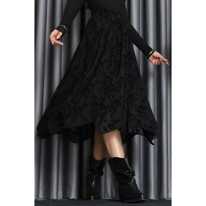 Flok Kabartma Baskılı Şifon Astarlı Etek Siyah - 70845.2078.