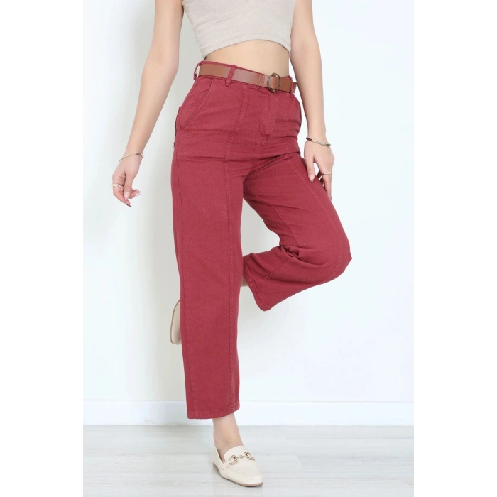 Gabardin Kemerli Havuç Pantolon Bordo - 7770.1437.