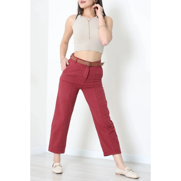 Gabardin Kemerli Havuç Pantolon Bordo - 7770.1437.
