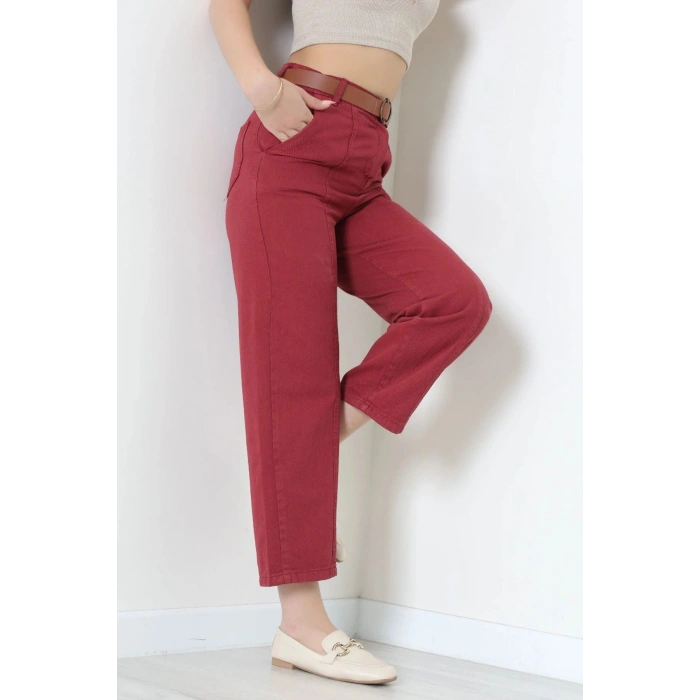Gabardin Kemerli Havuç Pantolon Bordo - 7770.1437.