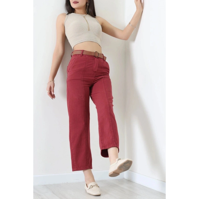 Gabardin Kemerli Havuç Pantolon Bordo - 7770.1437.